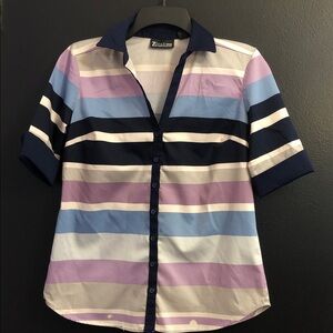 NY&C Cuff-Sleeve Striped Button-Up in Navy, Lavender, Light Blue
